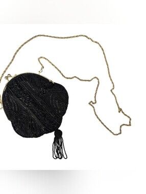 Beaded Tassel Evening Crossbody Shoulder Bag Purse Black Vintage